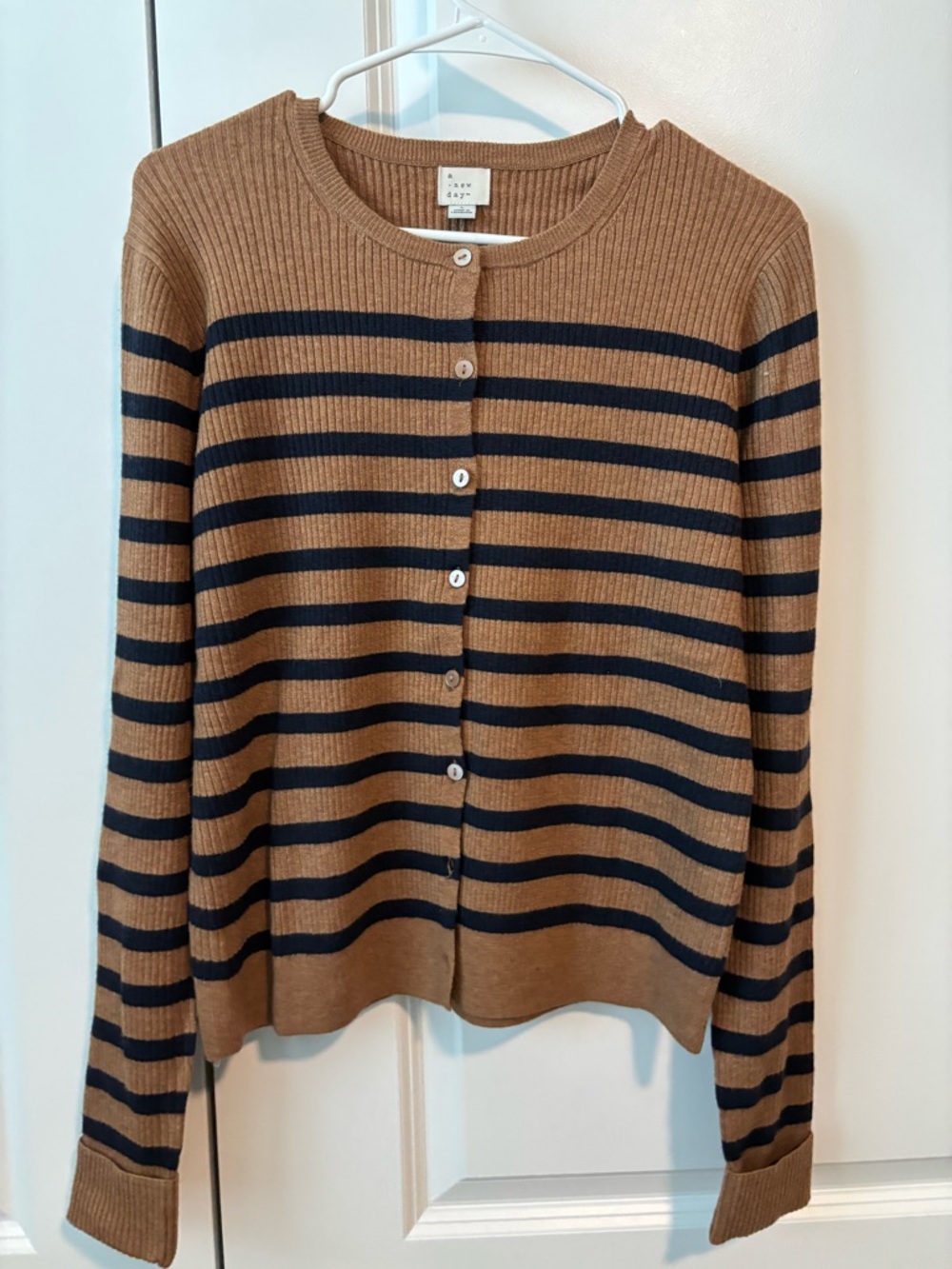 Target- A New Day Women's Camel and Navy Striped Button Cardigan- NWT